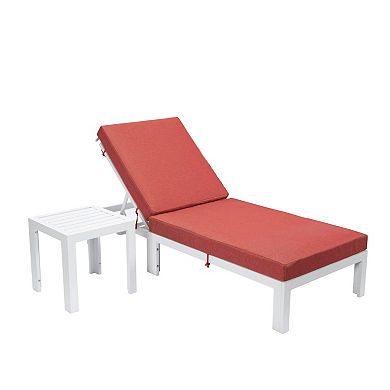 LeisureMod Chelsea Modern Outdoor White Chaise Lounge Chair With Side Table & Cushions