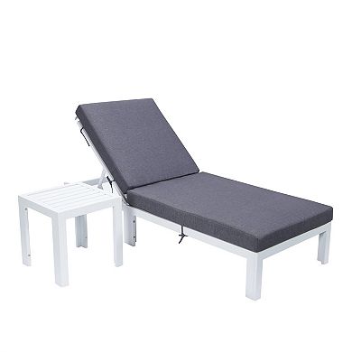 LeisureMod Chelsea Modern Outdoor White Chaise Lounge Chair With Side Table & Cushions