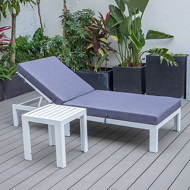 LeisureMod Chelsea Modern Outdoor White Chaise Lounge Chair With Side Table & Cushions