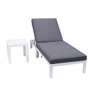 LeisureMod Chelsea Modern Outdoor White Chaise Lounge Chair With Side Table & Cushions