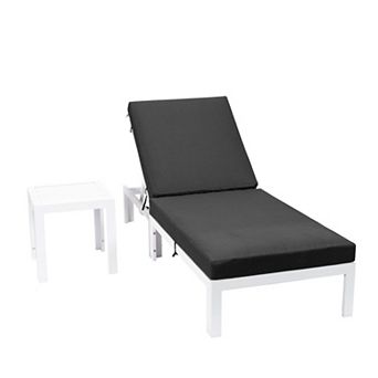 LeisureMod Chelsea Modern Outdoor White Chaise Lounge Chair With Side Table & Cushions