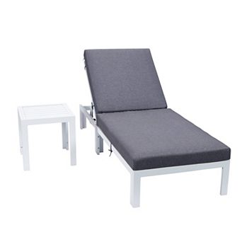 LeisureMod Chelsea Modern Outdoor White Chaise Lounge Chair With Side Table & Cushions