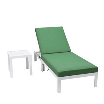 LeisureMod Chelsea Modern Outdoor White Chaise Lounge Chair With Side Table & Cushions
