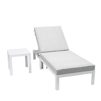 LeisureMod Chelsea Modern Outdoor White Chaise Lounge Chair With Side Table & Cushions