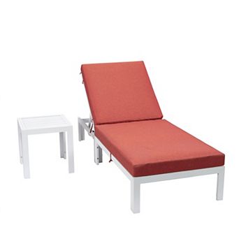 LeisureMod Chelsea Modern Outdoor White Chaise Lounge Chair With Side Table & Cushions