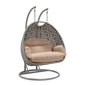 LeisureMod Mendoza Light Grey Wicker Hanging 2 person Egg Swing Chair