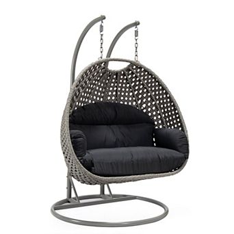 LeisureMod Mendoza Light Grey Wicker Hanging 2 person Egg Swing Chair