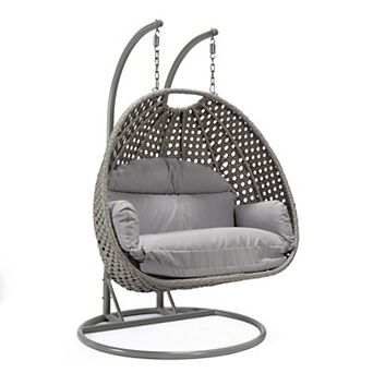 LeisureMod Mendoza Light Grey Wicker Hanging 2 person Egg Swing Chair