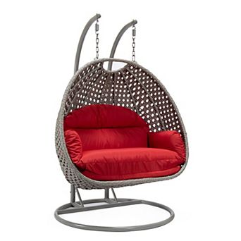 LeisureMod Mendoza Light Grey Wicker Hanging 2 person Egg Swing Chair