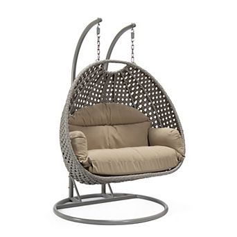 LeisureMod Mendoza Light Grey Wicker Hanging 2 person Egg Swing Chair