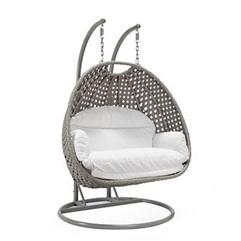 LeisureMod Mendoza Light Grey Wicker Hanging 2 person Egg Swing Chair