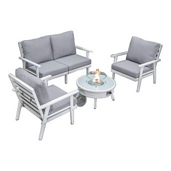 LeisureMod Walbrooke Modern White Patio Conversation With Round Fire Pit With Slats Design & Tank Holder