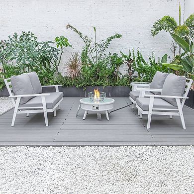 LeisureMod Walbrooke Modern White Patio Conversation With Round Fire Pit With Slats Design & Tank Holder