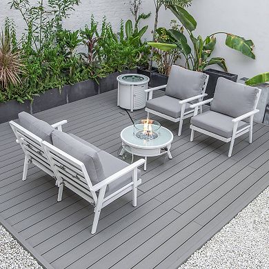 LeisureMod Walbrooke Modern White Patio Conversation With Round Fire Pit With Slats Design & Tank Holder