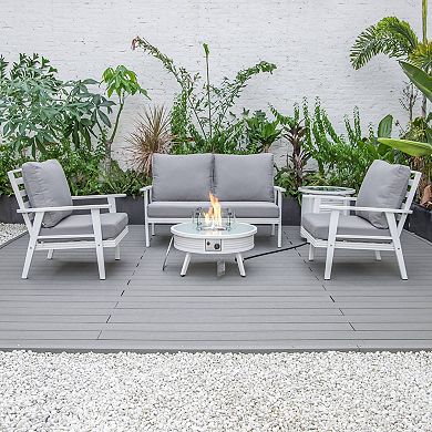LeisureMod Walbrooke Modern White Patio Conversation With Round Fire Pit With Slats Design & Tank Holder