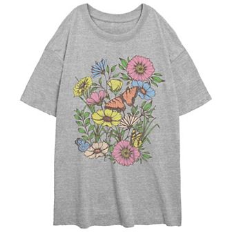 Juniors' Flowers And Butterflies Draw Oversized Graphic Tee