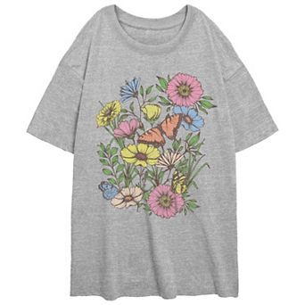 Juniors' Flowers And Butterflies Draw Oversized Graphic Tee