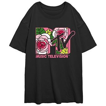 Juniors' MTV Pink Flowers Logo Oversized Tee