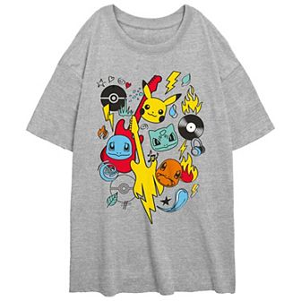 Juniors' Pokemon Starter Group Rock Music Doodles Oversized Tee