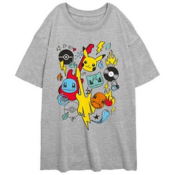 Juniors' Pokemon Starter Group Rock Music Doodles Oversized Tee
