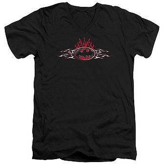 Batman Steel Flames Logo Short Sleeve Adult V Neck T-shirt