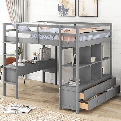 Merax Full Size Loft Bed with Built-in Desk with Two Drawers, and Storage Shelves and Drawers