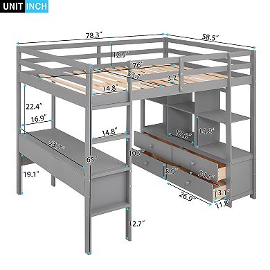 Merax Full Size Loft Bed with Built-in Desk with Two Drawers, and Storage Shelves and Drawers