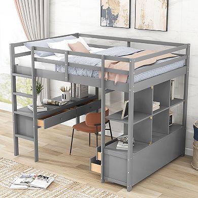 Merax Full Size Loft Bed with Built-in Desk with Two Drawers, and Storage Shelves and Drawers
