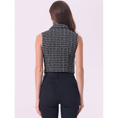 Women's Tweed Vest Notched Lapel Collar Sleeveless Vintage Plaid Crop Waistcoat