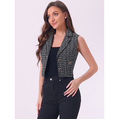 Women's Tweed Vest Notched Lapel Collar Sleeveless Vintage Plaid Crop Waistcoat