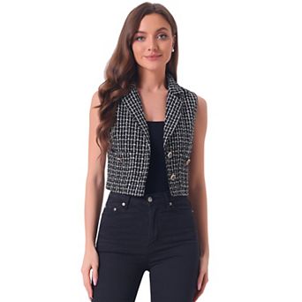Women's Tweed Vest Notched Lapel Collar Sleeveless Vintage Plaid Crop Waistcoat
