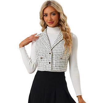 Women's Tweed Vest Notched Lapel Collar Sleeveless Vintage Plaid Crop Waistcoat