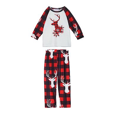 Kids' Christmas Deer Long Sleeve Tee And Plaid Pants Family Pajama Sets