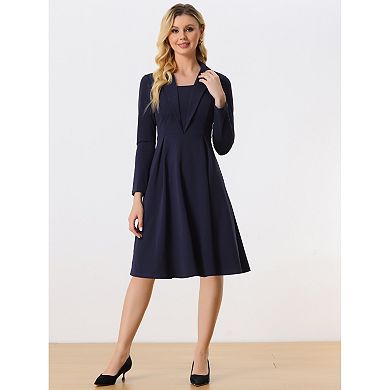 Women's Elegant Office Dresses Square Neck Long Sleeve Pleated A-line Dress