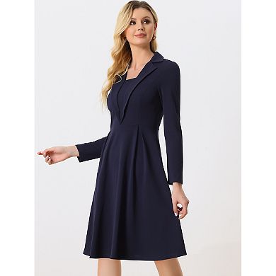 Women's Elegant Office Dresses Square Neck Long Sleeve Pleated A-line Dress