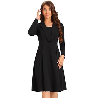 Women's Elegant Office Dresses Square Neck Long Sleeve Pleated A-line Dress