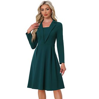 Women's Elegant Office Dresses Square Neck Long Sleeve Pleated A-line Dress