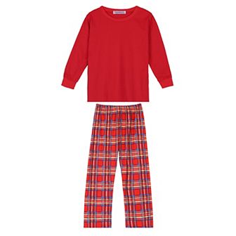 Kids Christmas Loungewear Long Sleeve Solid Tops Tee With Plaid Pants Pajama Sets