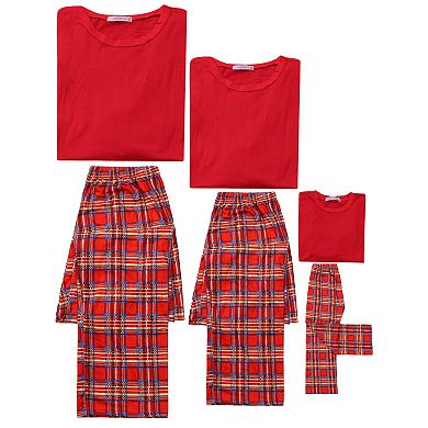 Kids Christmas Loungewear Long Sleeve Solid Tops Tee With Plaid Pants Pajama Sets