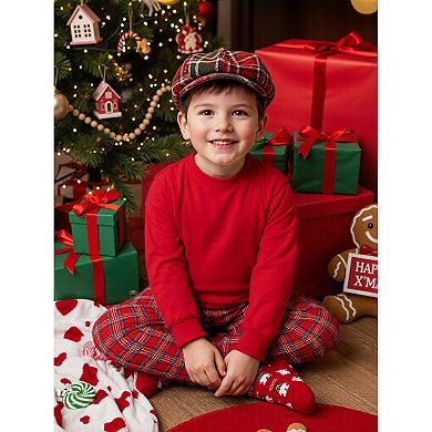 Kids Christmas Loungewear Long Sleeve Solid Tops Tee With Plaid Pants Pajama Sets