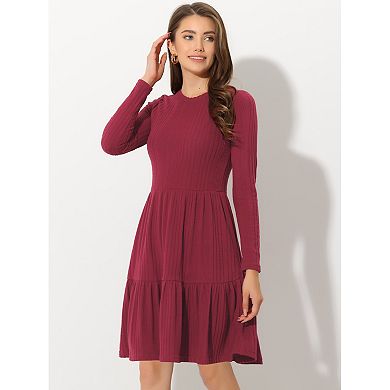 Women's Knitted Crewneck Long Sleeves Fit And Flare Sweater Dress