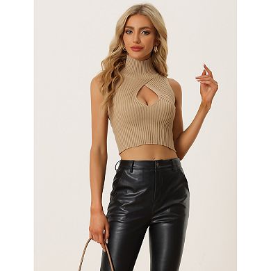 Women's Mock Neck Cutout Pullover Sleeveless Crop Sweater Top