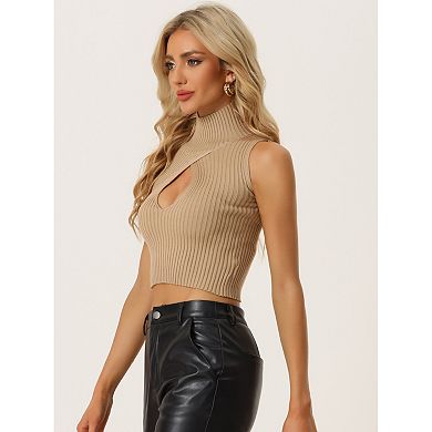 Women's Mock Neck Cutout Pullover Sleeveless Crop Sweater Top