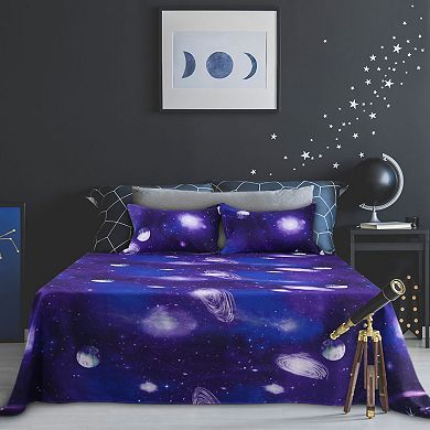 PiccoCasa 4Pcs Galaxy Sheet Set Bedding Set Soft Bed Sheets with Pillow Cases Purple