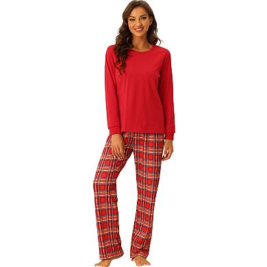 Christmas Loungewear Long Sleeve Solid Tops Tee With Plaid Pants Pajama Sets