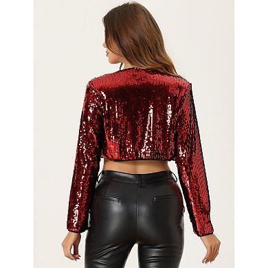 Women's Cropped Cardigan Sequin Open Front Long Sleeve Glitter Shrug