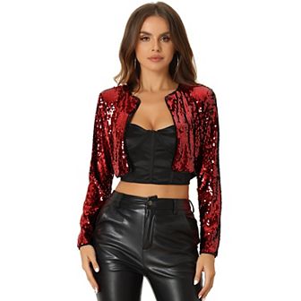 Women's Cropped Cardigan Sequin Open Front Long Sleeve Glitter Shrug