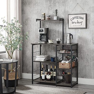 Baker’s Rack With Shelves, Kitchen Shelf With Wire Basket, 6 S-hooks, Microwave Oven Stand