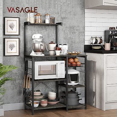 Baker’s Rack With Shelves, Kitchen Shelf With Wire Basket, 6 S-hooks, Microwave Oven Stand