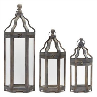 Grey Wood Floor Lantern With Curved Top (set Of 3)